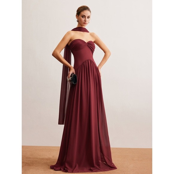 Commense Semi-Sheer Ruched Long-Ribbon Tube Dress red size M/6 - Picture 3 of 10